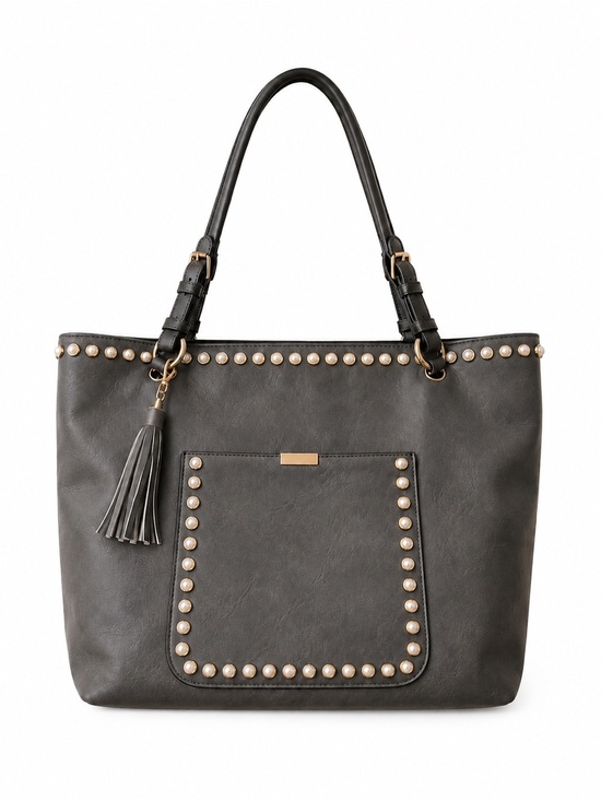 Yoki Handbags - Yoki Dark Gray Studded Tote with Tassel and Pearls